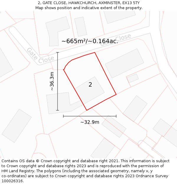 2, GATE CLOSE, HAWKCHURCH, AXMINSTER, EX13 5TY: Plot and title map