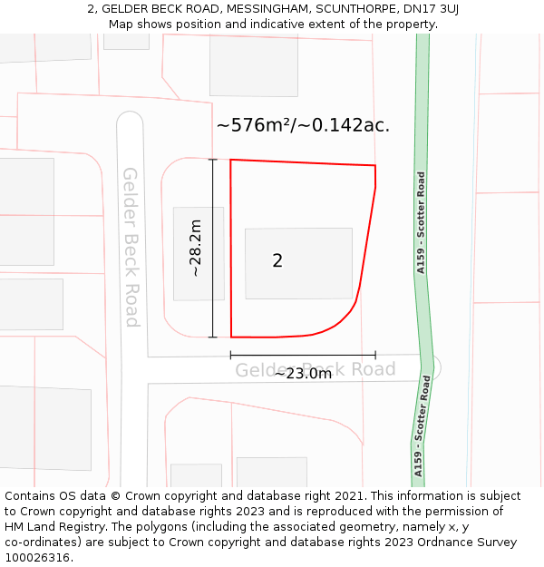 2, GELDER BECK ROAD, MESSINGHAM, SCUNTHORPE, DN17 3UJ: Plot and title map