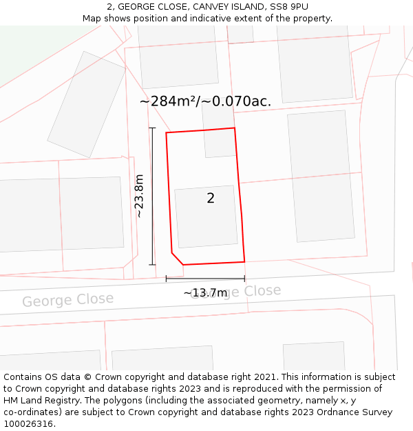 2, GEORGE CLOSE, CANVEY ISLAND, SS8 9PU: Plot and title map