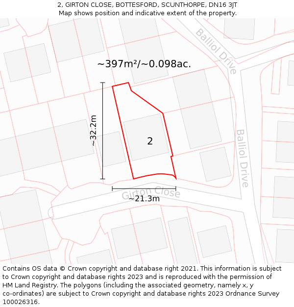 2, GIRTON CLOSE, BOTTESFORD, SCUNTHORPE, DN16 3JT: Plot and title map