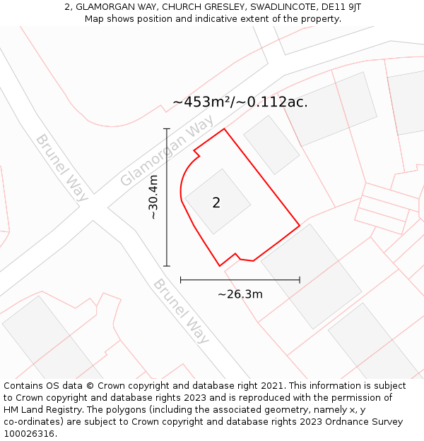 2, GLAMORGAN WAY, CHURCH GRESLEY, SWADLINCOTE, DE11 9JT: Plot and title map