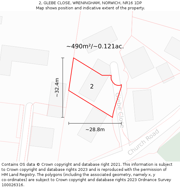 2, GLEBE CLOSE, WRENINGHAM, NORWICH, NR16 1DP: Plot and title map