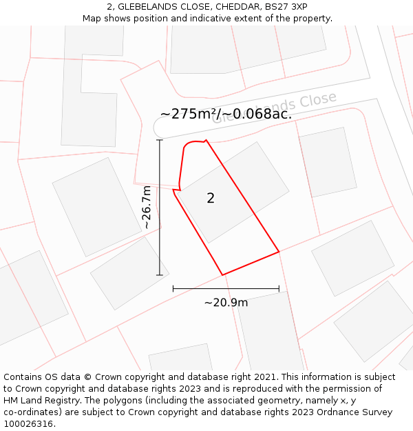 2, GLEBELANDS CLOSE, CHEDDAR, BS27 3XP: Plot and title map