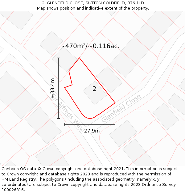 2, GLENFIELD CLOSE, SUTTON COLDFIELD, B76 1LD: Plot and title map