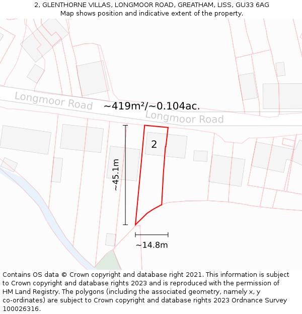 2, GLENTHORNE VILLAS, LONGMOOR ROAD, GREATHAM, LISS, GU33 6AG: Plot and title map