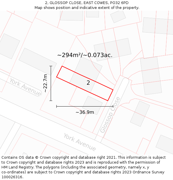 2, GLOSSOP CLOSE, EAST COWES, PO32 6PD: Plot and title map