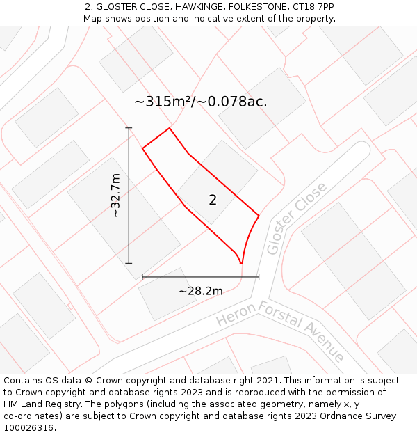 2, GLOSTER CLOSE, HAWKINGE, FOLKESTONE, CT18 7PP: Plot and title map
