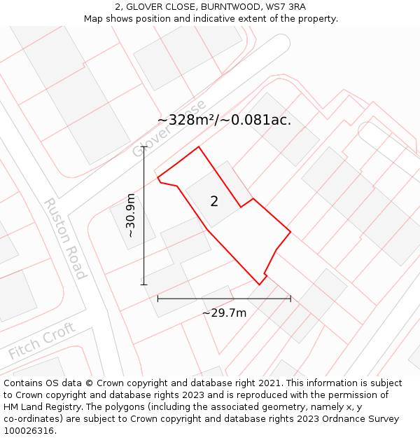 2, GLOVER CLOSE, BURNTWOOD, WS7 3RA: Plot and title map