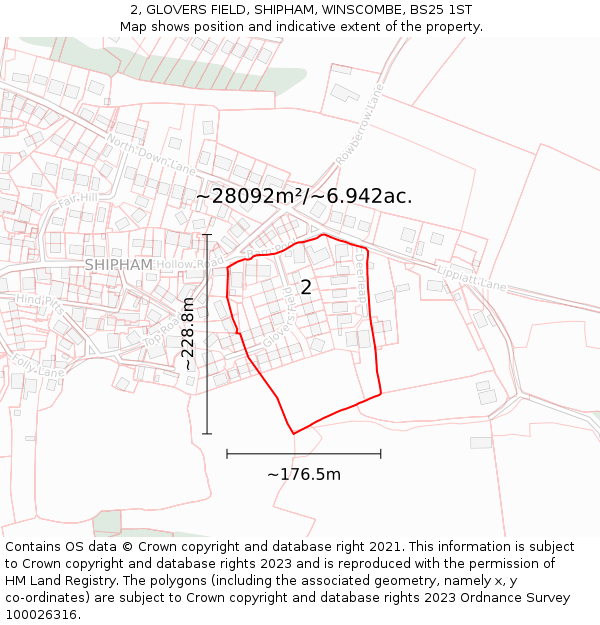 2, GLOVERS FIELD, SHIPHAM, WINSCOMBE, BS25 1ST: Plot and title map