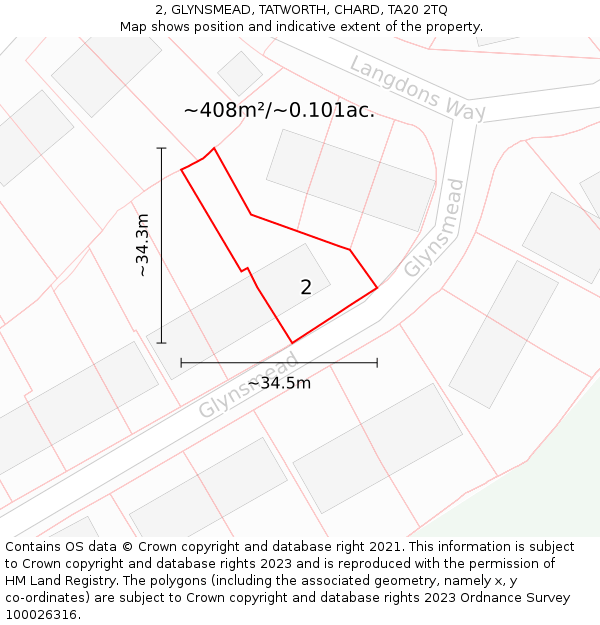 2, GLYNSMEAD, TATWORTH, CHARD, TA20 2TQ: Plot and title map