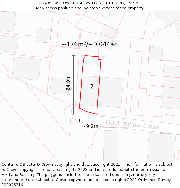 2, GOAT WILLOW CLOSE, WATTON, THETFORD, IP25 6FE: Plot and title map