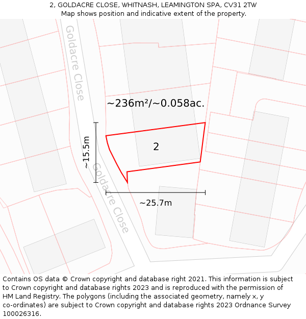 2, GOLDACRE CLOSE, WHITNASH, LEAMINGTON SPA, CV31 2TW: Plot and title map