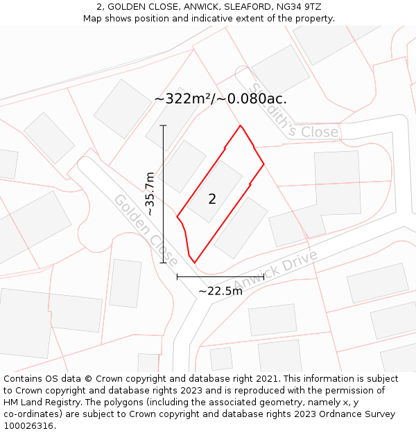 2, GOLDEN CLOSE, ANWICK, SLEAFORD, NG34 9TZ: Plot and title map