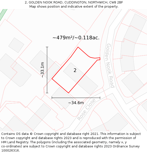 2, GOLDEN NOOK ROAD, CUDDINGTON, NORTHWICH, CW8 2BF: Plot and title map