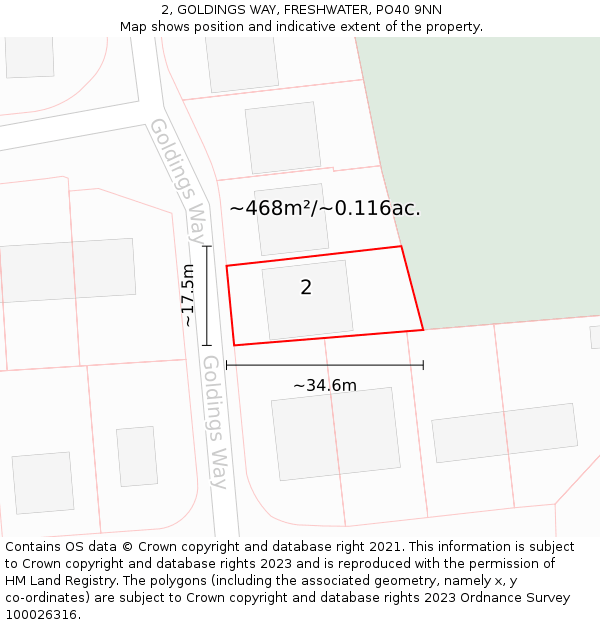 2, GOLDINGS WAY, FRESHWATER, PO40 9NN: Plot and title map