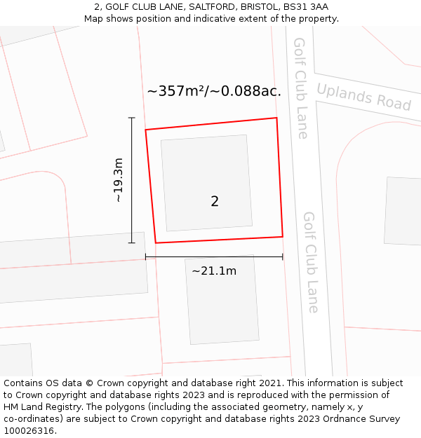 2, GOLF CLUB LANE, SALTFORD, BRISTOL, BS31 3AA: Plot and title map