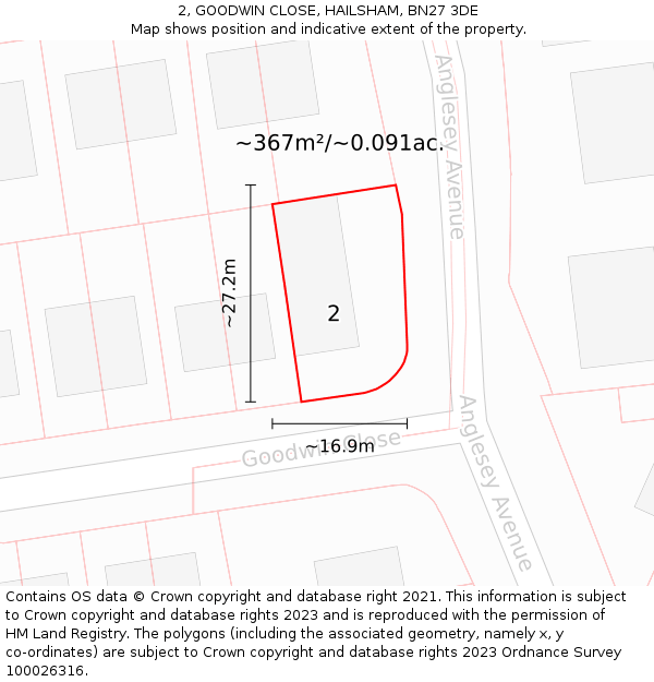 2, GOODWIN CLOSE, HAILSHAM, BN27 3DE: Plot and title map