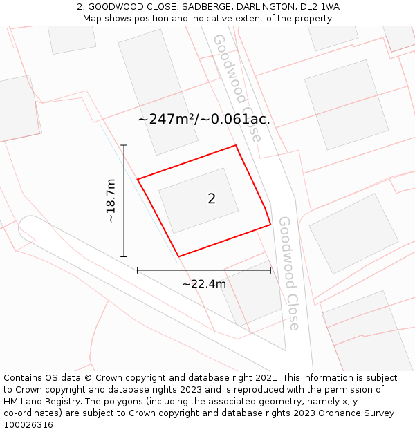 2, GOODWOOD CLOSE, SADBERGE, DARLINGTON, DL2 1WA: Plot and title map