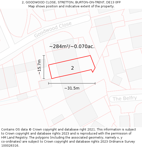 2, GOODWOOD CLOSE, STRETTON, BURTON-ON-TRENT, DE13 0FP: Plot and title map