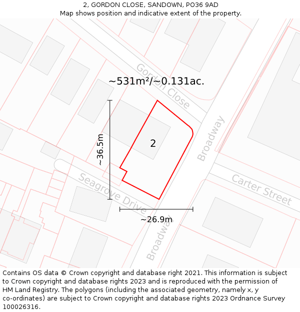 2, GORDON CLOSE, SANDOWN, PO36 9AD: Plot and title map