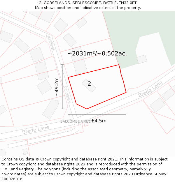 2, GORSELANDS, SEDLESCOMBE, BATTLE, TN33 0PT: Plot and title map