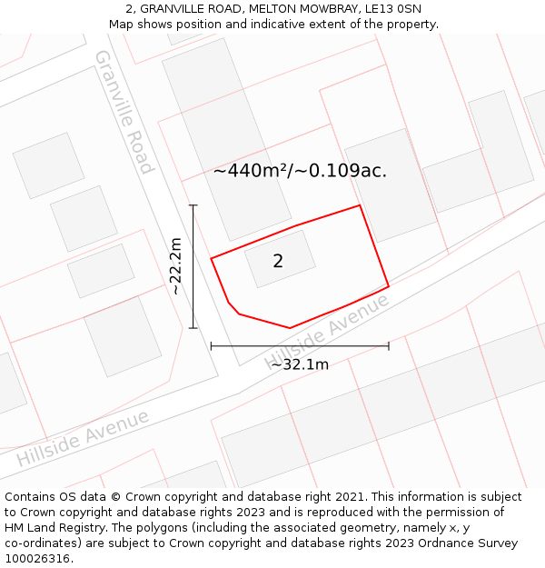 2, GRANVILLE ROAD, MELTON MOWBRAY, LE13 0SN: Plot and title map
