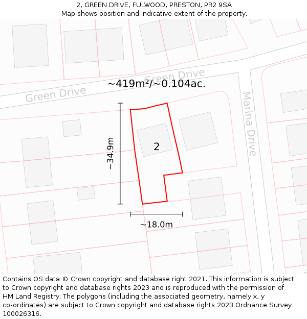 2, GREEN DRIVE, FULWOOD, PRESTON, PR2 9SA: Plot and title map