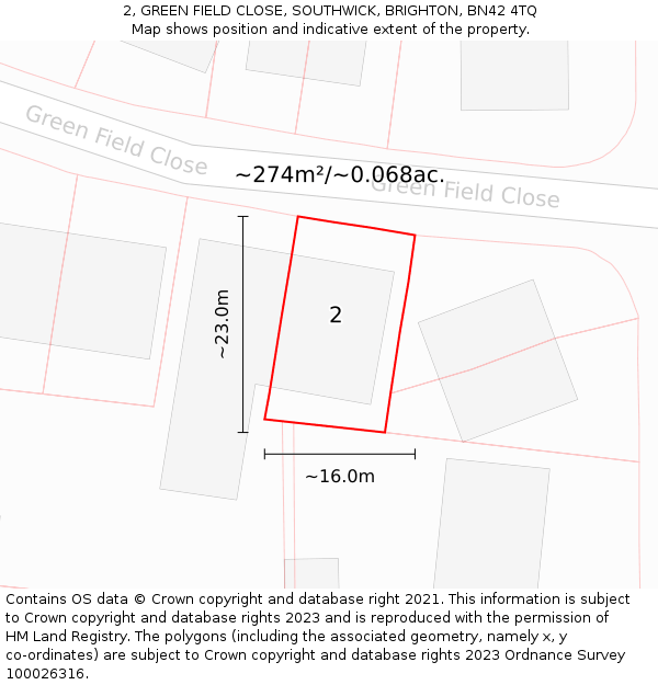 2, GREEN FIELD CLOSE, SOUTHWICK, BRIGHTON, BN42 4TQ: Plot and title map