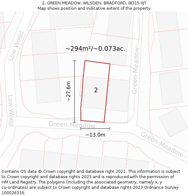 2, GREEN MEADOW, WILSDEN, BRADFORD, BD15 0JT: Plot and title map