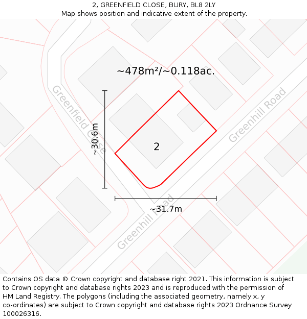 2, GREENFIELD CLOSE, BURY, BL8 2LY: Plot and title map