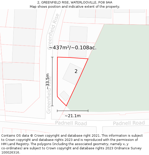 2, GREENFIELD RISE, WATERLOOVILLE, PO8 9AA: Plot and title map