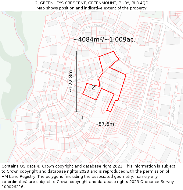 2, GREENHEYS CRESCENT, GREENMOUNT, BURY, BL8 4QD: Plot and title map