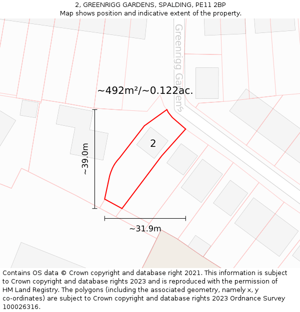 2, GREENRIGG GARDENS, SPALDING, PE11 2BP: Plot and title map