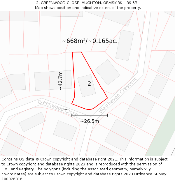 2, GREENWOOD CLOSE, AUGHTON, ORMSKIRK, L39 5BL: Plot and title map