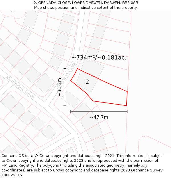 2, GRENADA CLOSE, LOWER DARWEN, DARWEN, BB3 0SB: Plot and title map