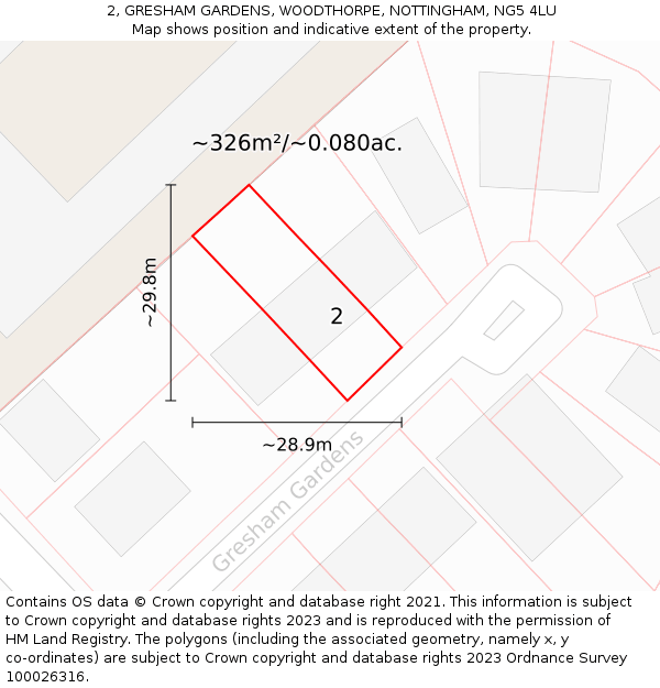 2, GRESHAM GARDENS, WOODTHORPE, NOTTINGHAM, NG5 4LU: Plot and title map