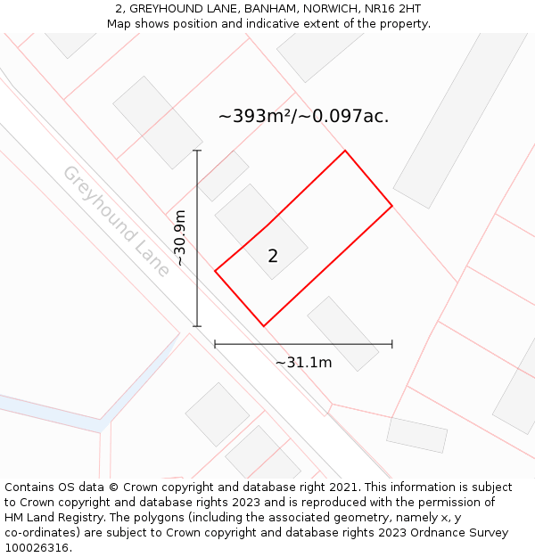 2, GREYHOUND LANE, BANHAM, NORWICH, NR16 2HT: Plot and title map