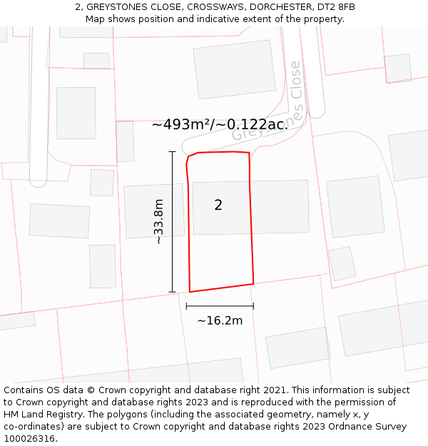 2, GREYSTONES CLOSE, CROSSWAYS, DORCHESTER, DT2 8FB: Plot and title map