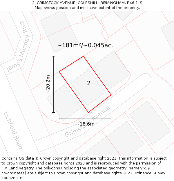 2, GRIMSTOCK AVENUE, COLESHILL, BIRMINGHAM, B46 1LS: Plot and title map