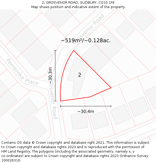 2, GROSVENOR ROAD, SUDBURY, CO10 1FE: Plot and title map