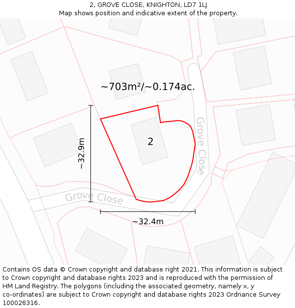 2, GROVE CLOSE, KNIGHTON, LD7 1LJ: Plot and title map