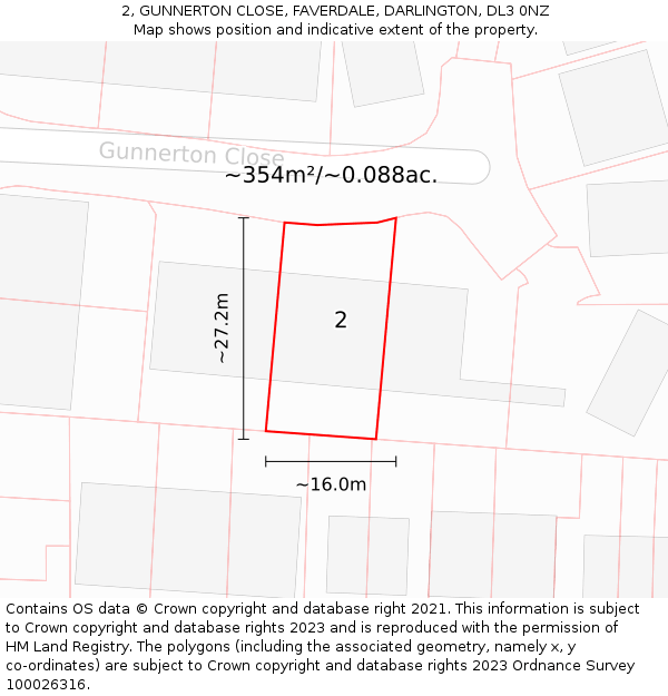 2, GUNNERTON CLOSE, FAVERDALE, DARLINGTON, DL3 0NZ: Plot and title map