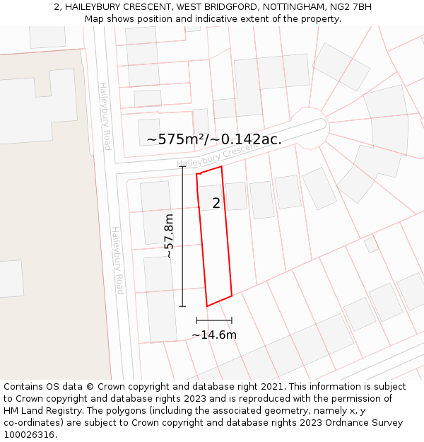 2, HAILEYBURY CRESCENT, WEST BRIDGFORD, NOTTINGHAM, NG2 7BH: Plot and title map