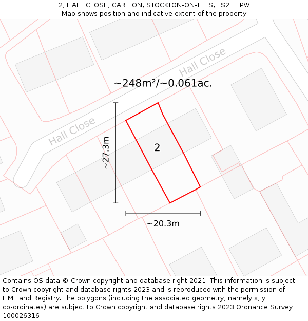 2, HALL CLOSE, CARLTON, STOCKTON-ON-TEES, TS21 1PW: Plot and title map