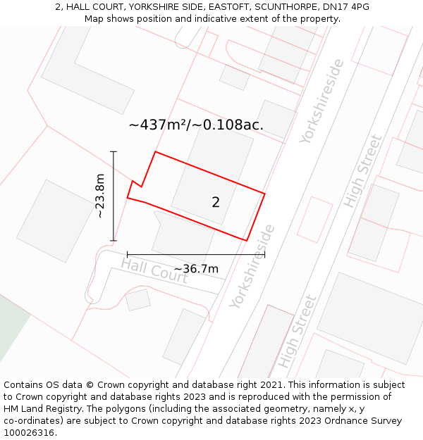 2, HALL COURT, YORKSHIRE SIDE, EASTOFT, SCUNTHORPE, DN17 4PG: Plot and title map