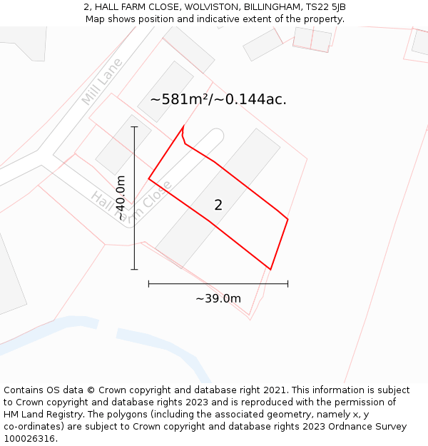 2, HALL FARM CLOSE, WOLVISTON, BILLINGHAM, TS22 5JB: Plot and title map