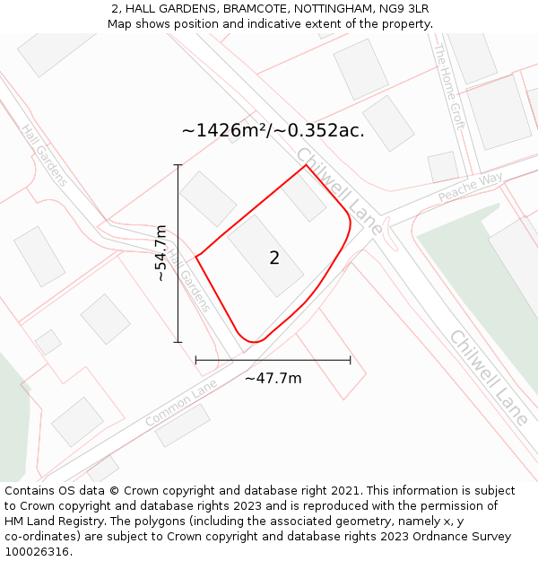 2, HALL GARDENS, BRAMCOTE, NOTTINGHAM, NG9 3LR: Plot and title map