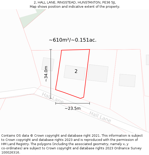 2, HALL LANE, RINGSTEAD, HUNSTANTON, PE36 5JL: Plot and title map