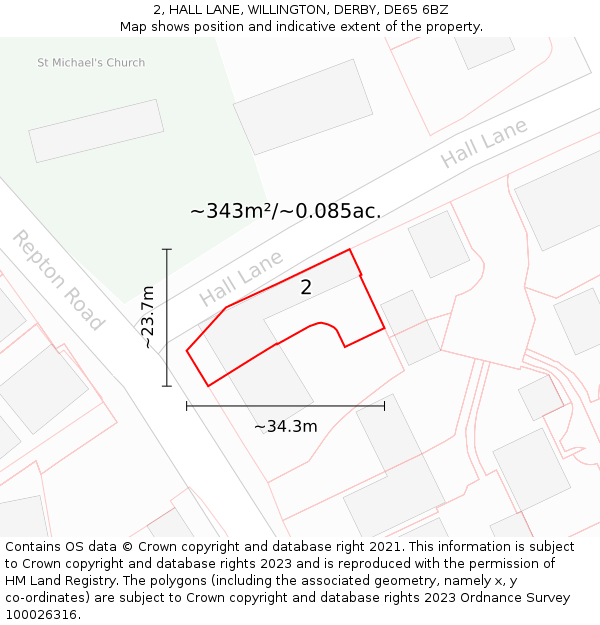 2, HALL LANE, WILLINGTON, DERBY, DE65 6BZ: Plot and title map