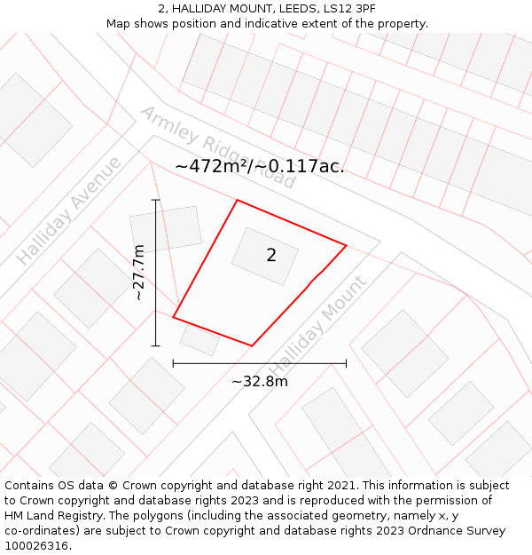 2, HALLIDAY MOUNT, LEEDS, LS12 3PF: Plot and title map